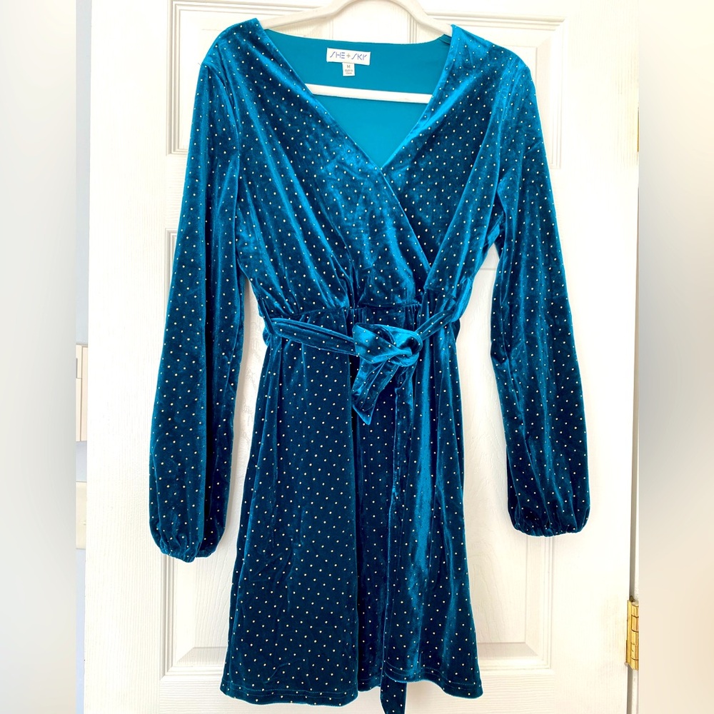 Soft Velvet Dress in green and Gold Polka dot